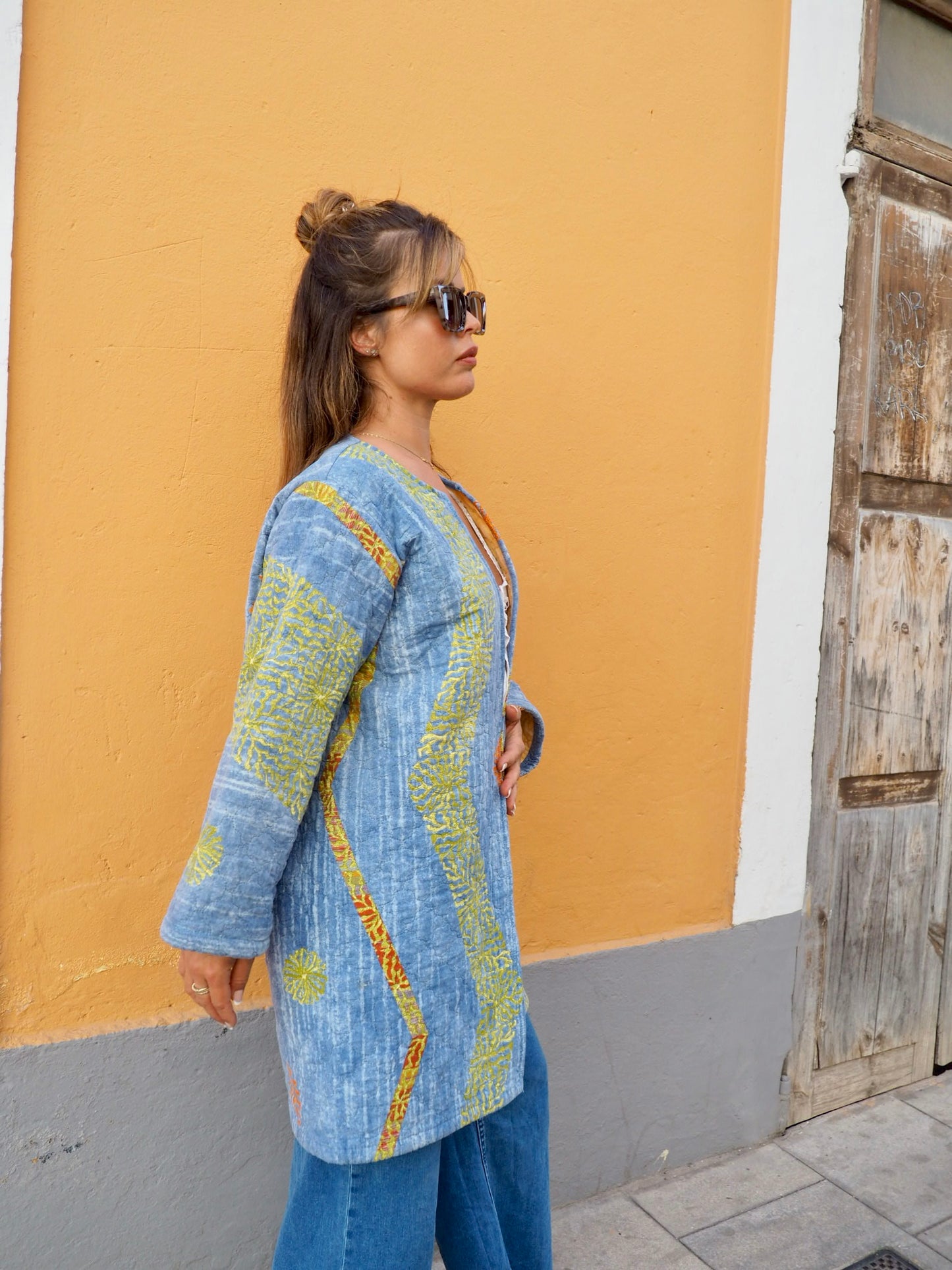 Vintage quilted blue patterned blanket jacket up-cycled by Vagabond Ibiza