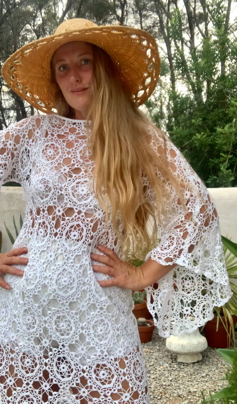 Very cool vintage white crochet oversized bell sleeve dress up-cycled by Vagabond Ibiza