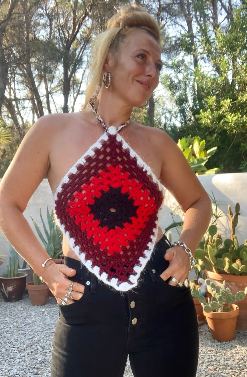 Vintage wool oversized granny square wool tie tops perfect for festivals party and summer time wear over a white shirt in winter