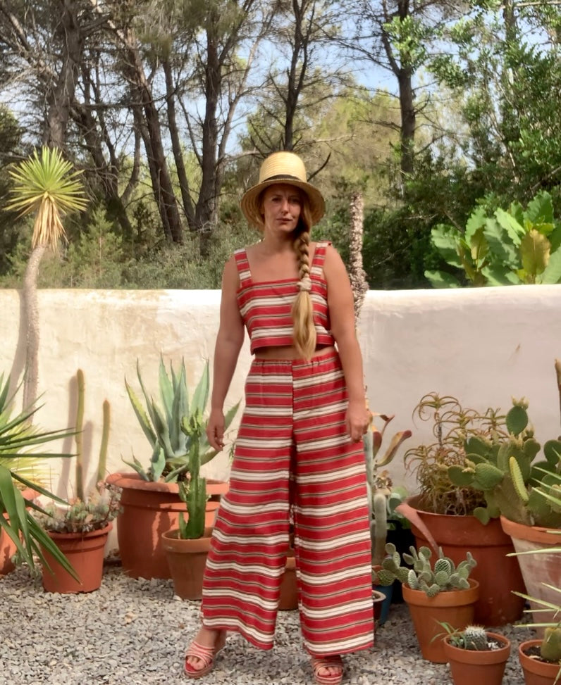 Vintage 1970’s curtain fabric with red and white striped design up-cycled 2 piece set crop top and wide leg trousers