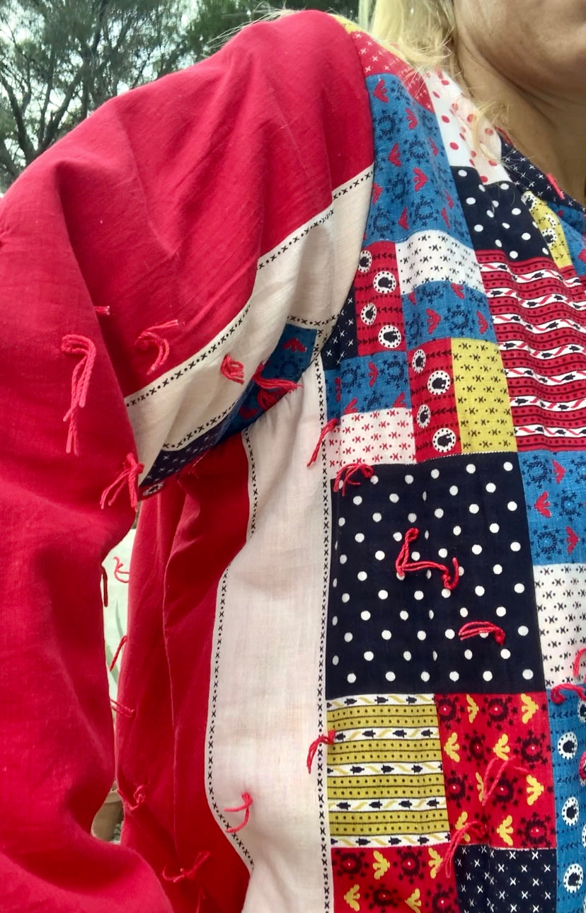 Patchwork cotton quilted blanket jacket up-cycled by Vagabond Ibiza with red and blue design.