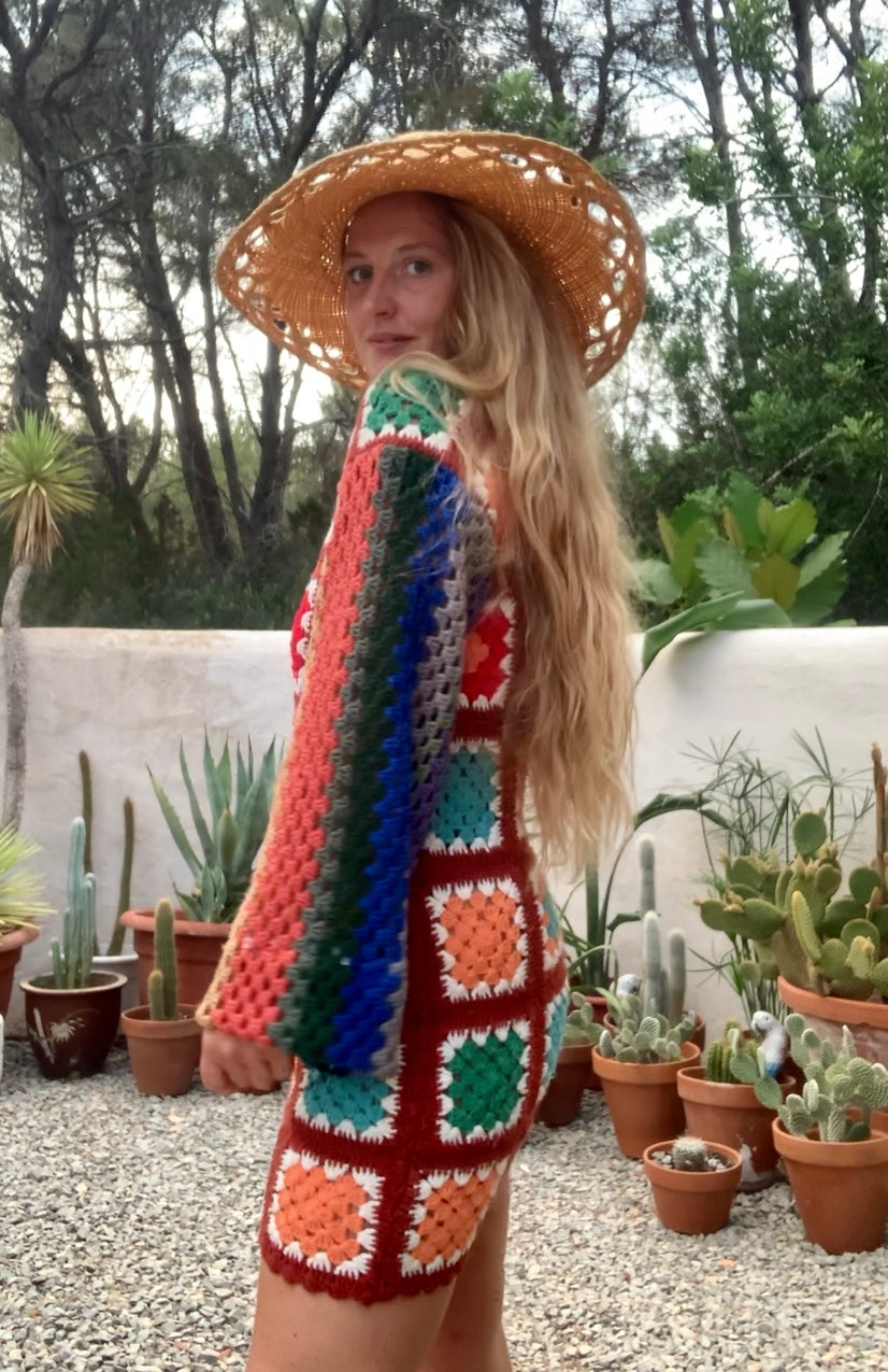 Vintage wool granny squared rainbow long sleeve shirt crochet jumper dress up-cycled by Vagabond Ibiza