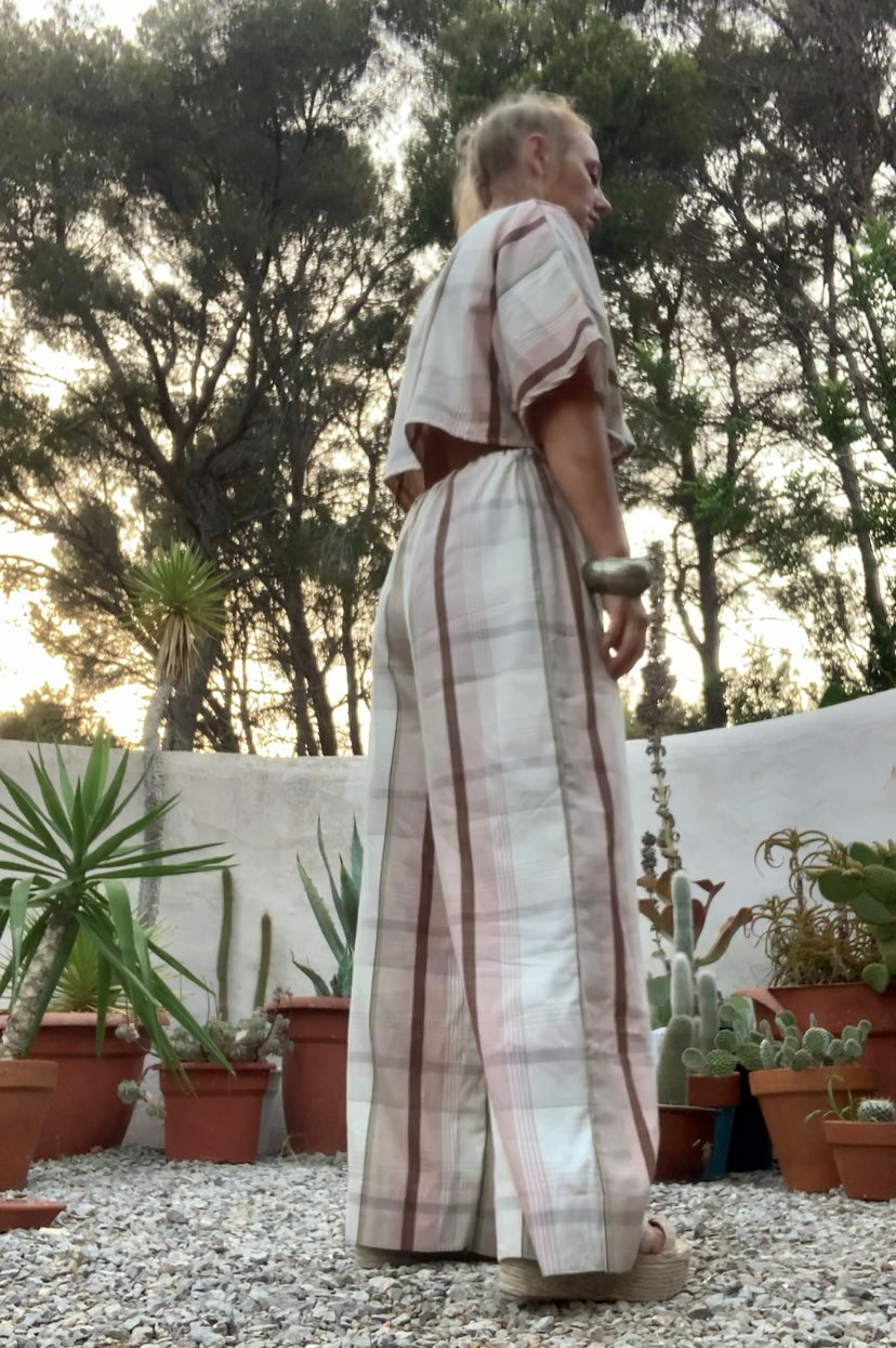 Vintage cotton pink and cream curtain fabric upcycled 2 piece set top and wide leg pants