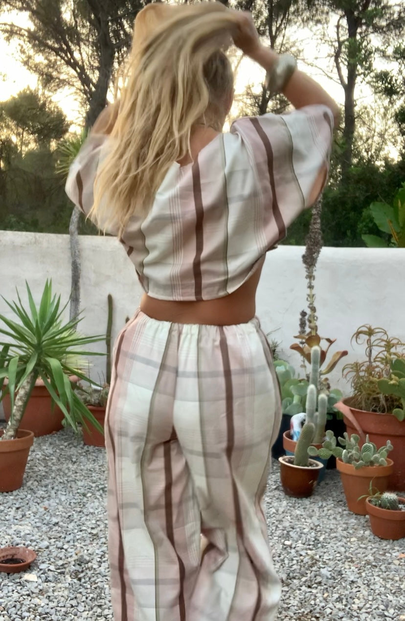 Vintage cotton pink and cream curtain fabric upcycled 2 piece set top and wide leg pants