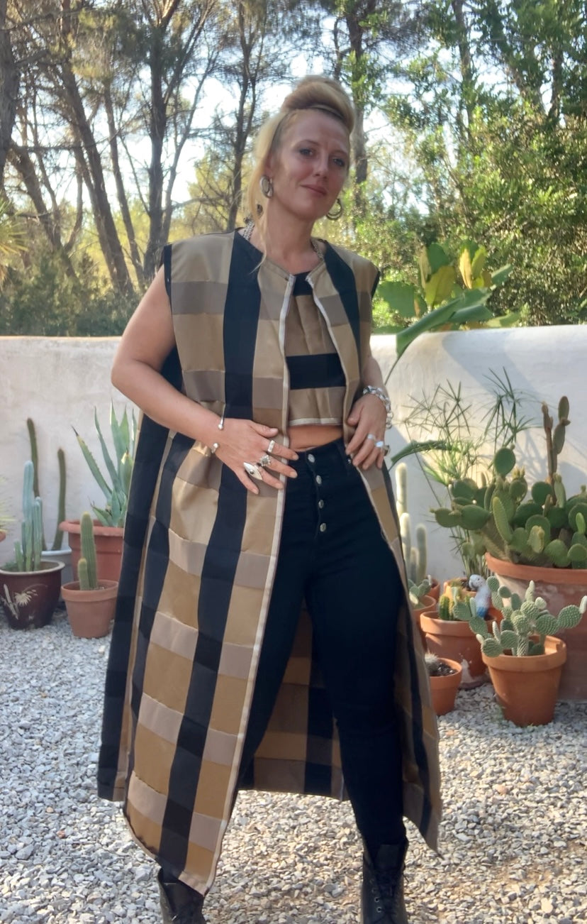 Vintage Zimmer & Rhodes textiles black and gold checked long waistcoat by Vagabond Ibiza