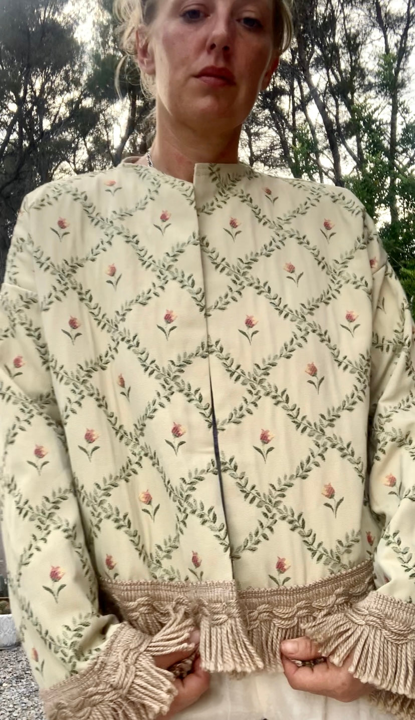 Vintage Up-cycled curtain jacket with floral detail on a woven cream fabric made by Vagabond Ibiza.