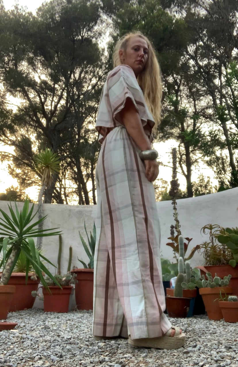 Vintage cotton pink and cream curtain fabric upcycled 2 piece set top and wide leg pants