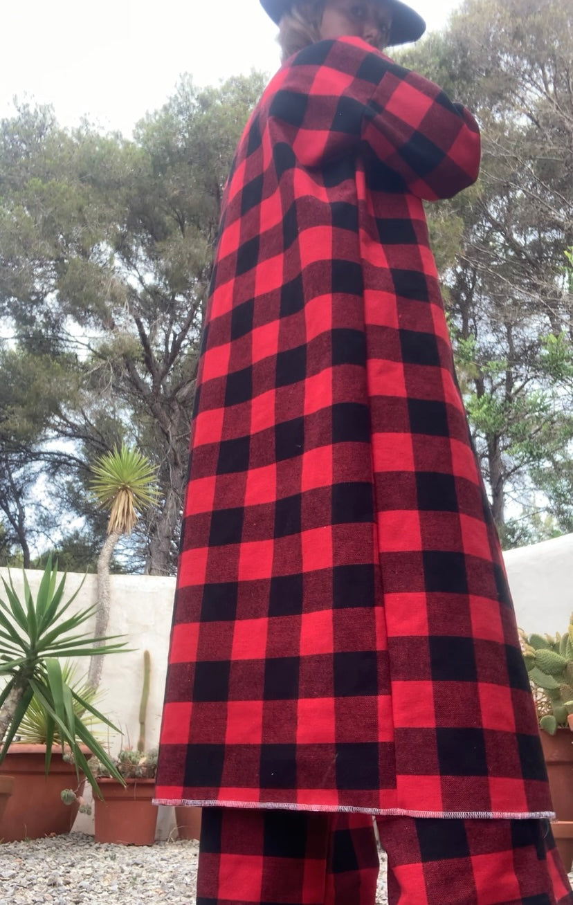 Red and black checked jacket made by Vagabond Ibiza from dead stock vintage textiles