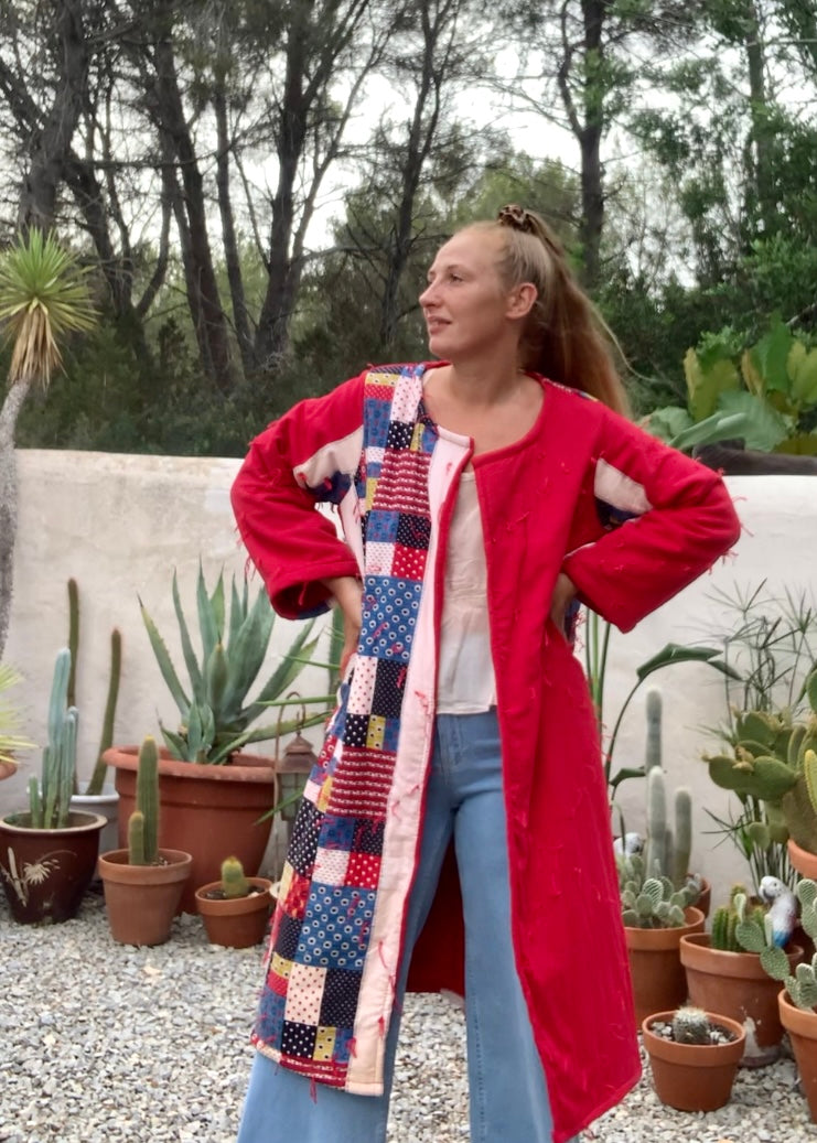 Patchwork cotton quilted blanket jacket up-cycled by Vagabond Ibiza with red and blue design.