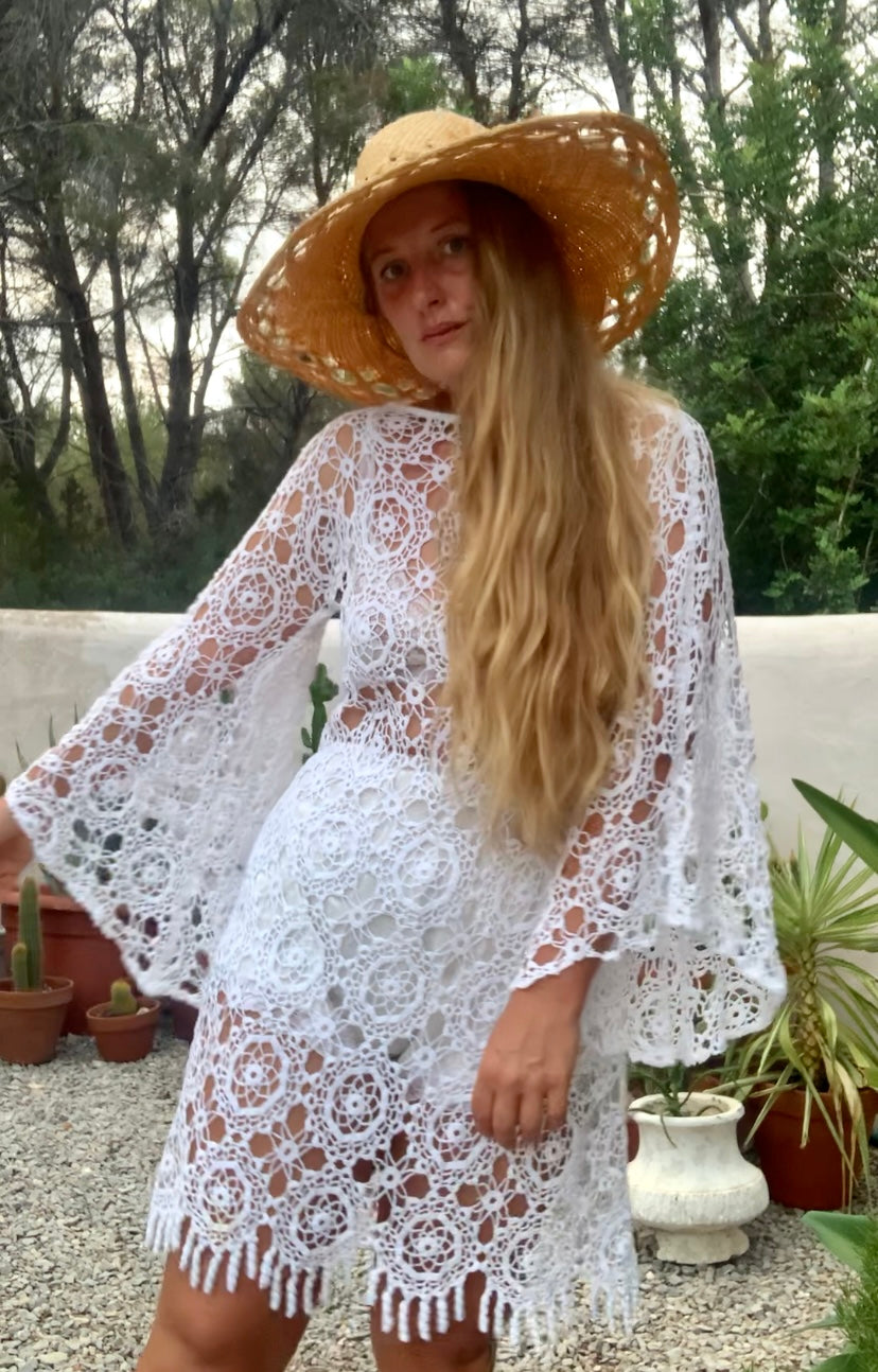 Very cool vintage white crochet oversized bell sleeve dress up-cycled by Vagabond Ibiza
