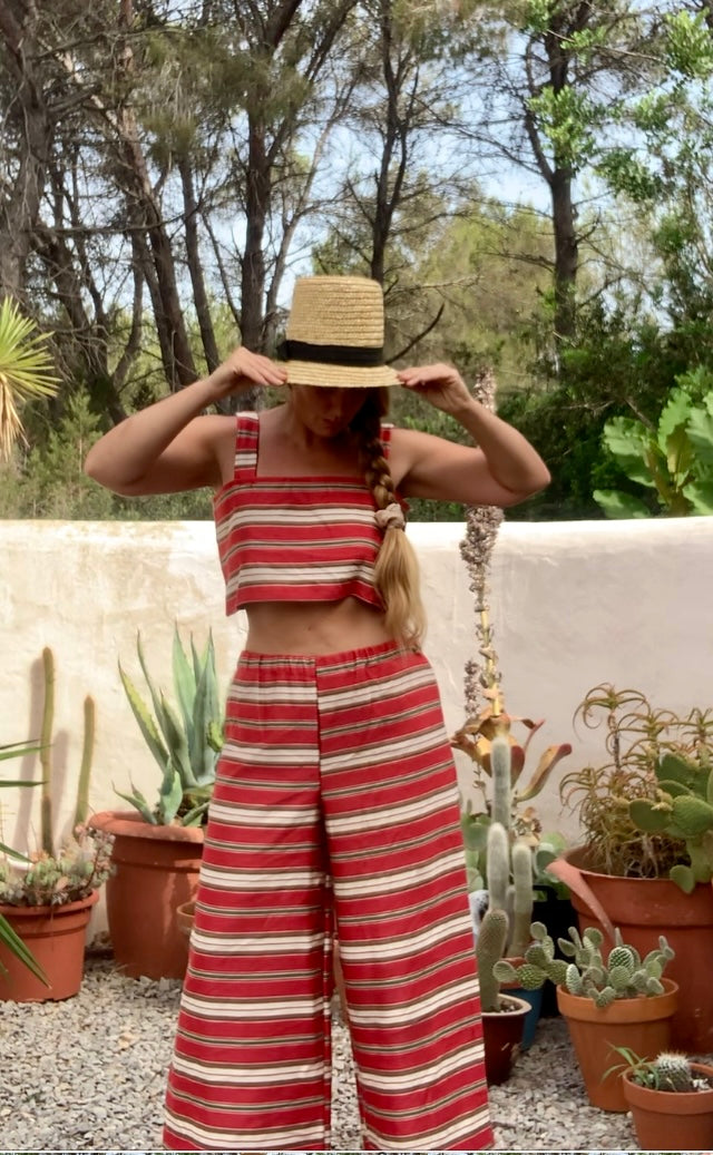 Vintage 1970’s curtain fabric with red and white striped design up-cycled 2 piece set crop top and wide leg trousers