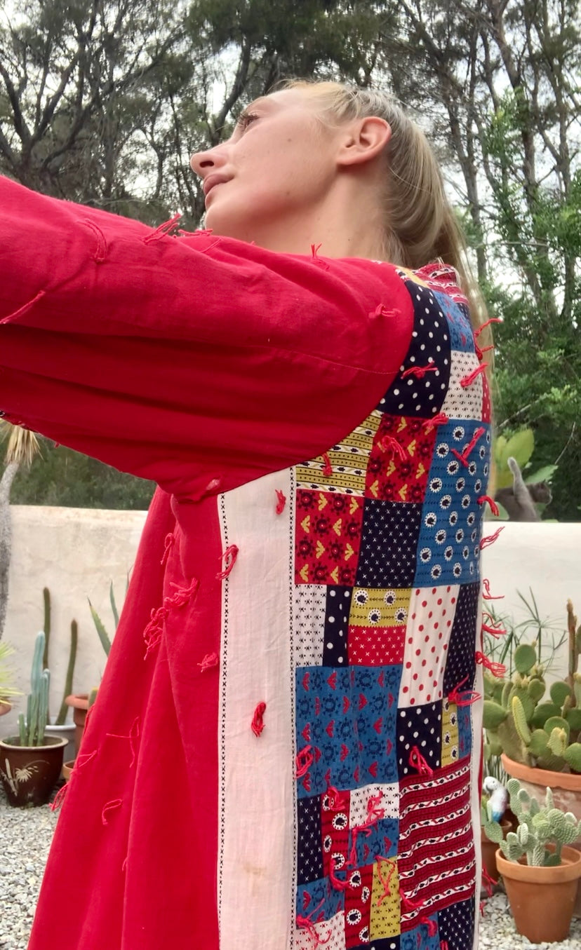 Patchwork cotton quilted blanket jacket up-cycled by Vagabond Ibiza with red and blue design.