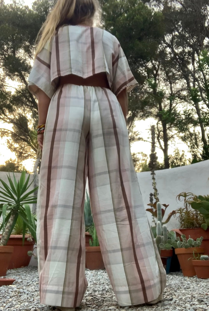Vintage cotton pink and cream curtain fabric upcycled 2 piece set top and wide leg pants