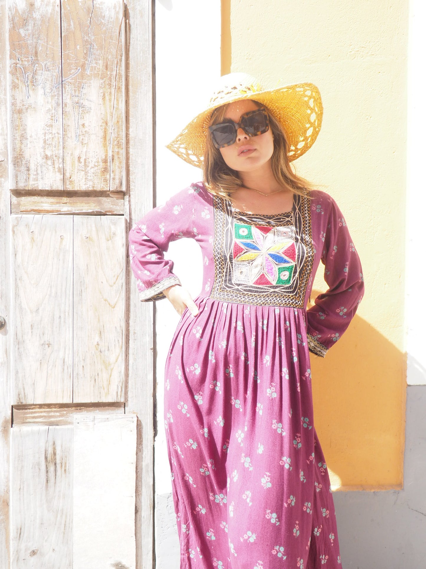 Vintage 1970’s hand embroidered Afghan dress in deep purple with floral print cotton with zip in side sun damage to shoulder