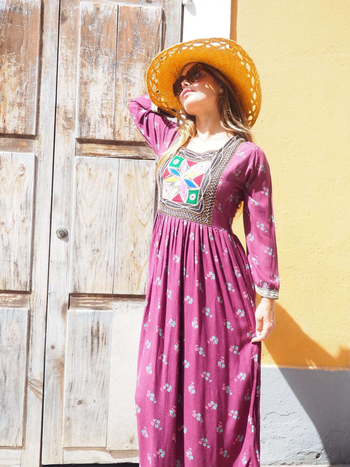 Vintage 1970’s hand embroidered Afghan dress in deep purple with floral print cotton with zip in side sun damage to shoulder