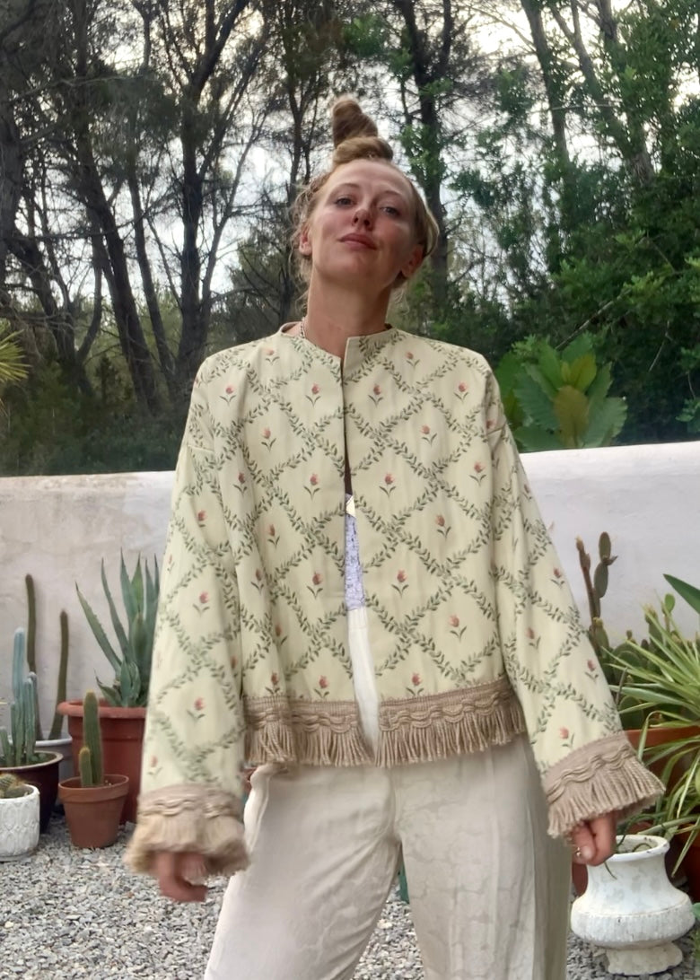 Vintage Up-cycled curtain jacket with floral detail on a woven cream fabric made by Vagabond Ibiza.