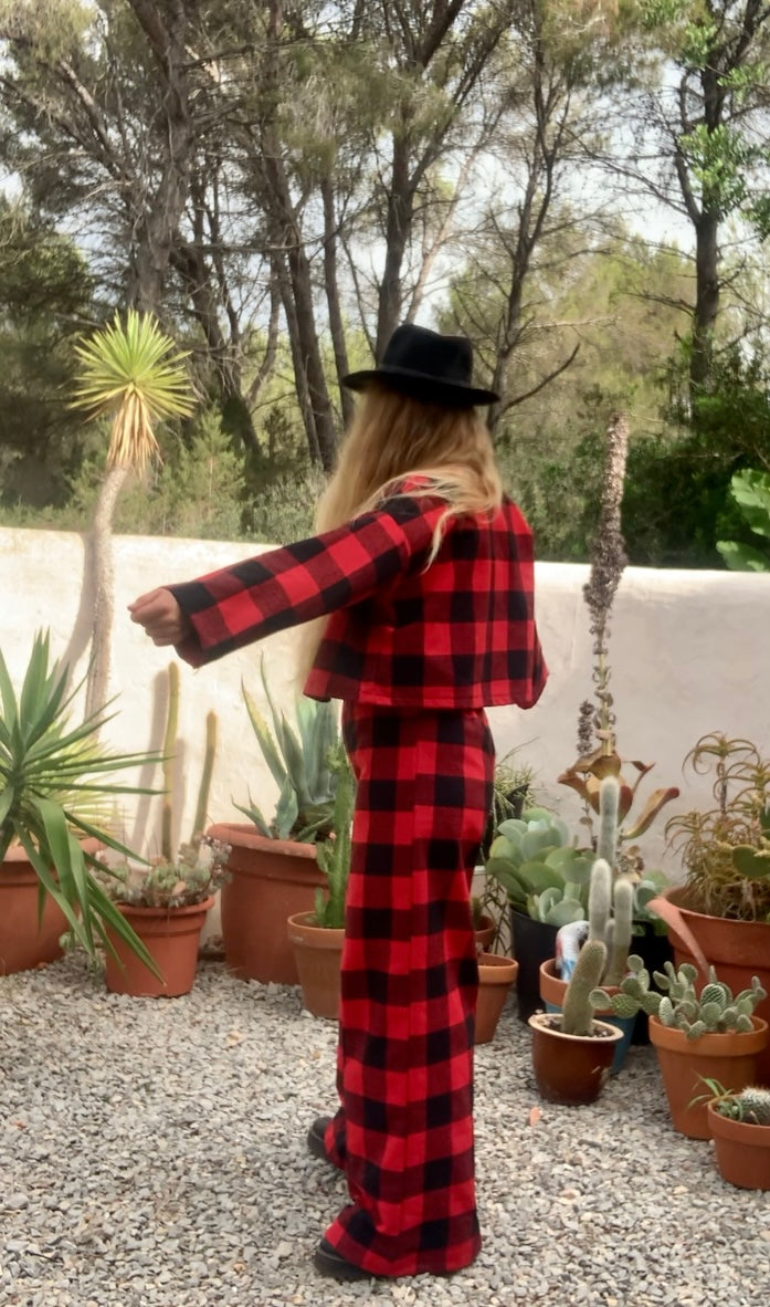 Red and black checked jacket made by Vagabond Ibiza from dead stock vintage textiles