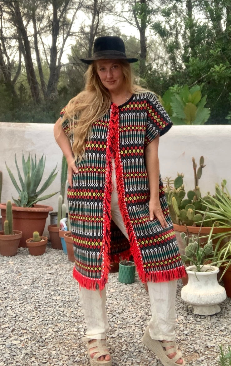 Up-cycled hand woven Morrocan textile waistcoat jacket by Vagabond Ibiza with red and black geometric design