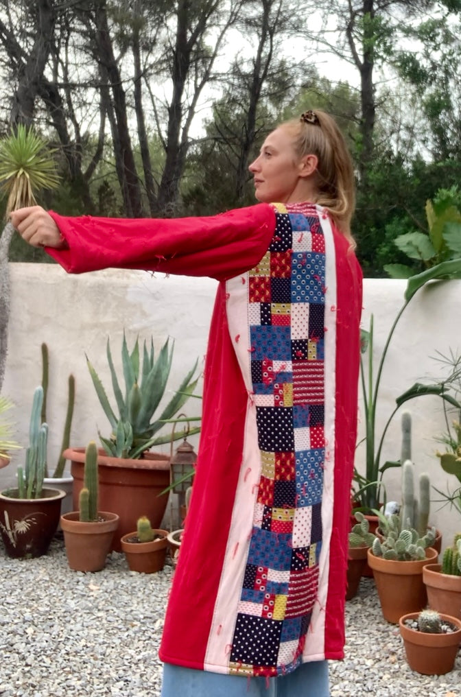 Patchwork cotton quilted blanket jacket up-cycled by Vagabond Ibiza with red and blue design.
