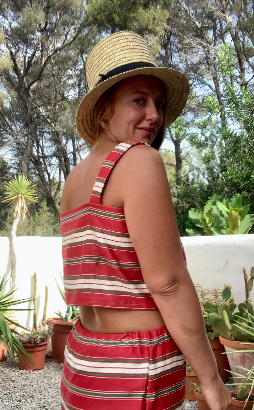 Vintage 1970’s curtain fabric with red and white striped design up-cycled 2 piece set crop top and wide leg trousers