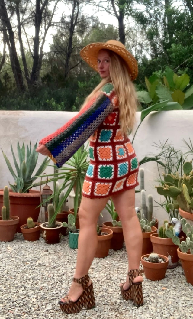 Vintage wool granny squared rainbow long sleeve shirt crochet jumper dress up-cycled by Vagabond Ibiza