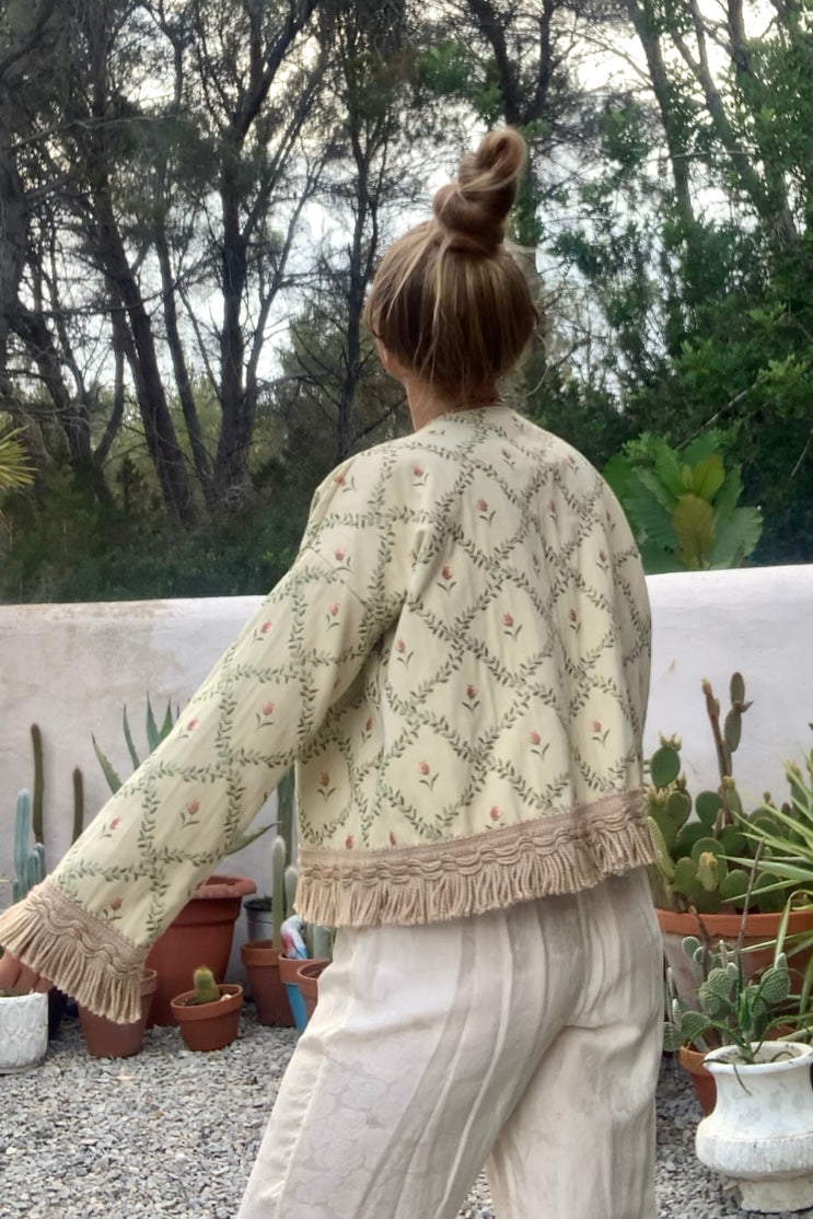 Vintage Up-cycled curtain jacket with floral detail on a woven cream fabric made by Vagabond Ibiza.