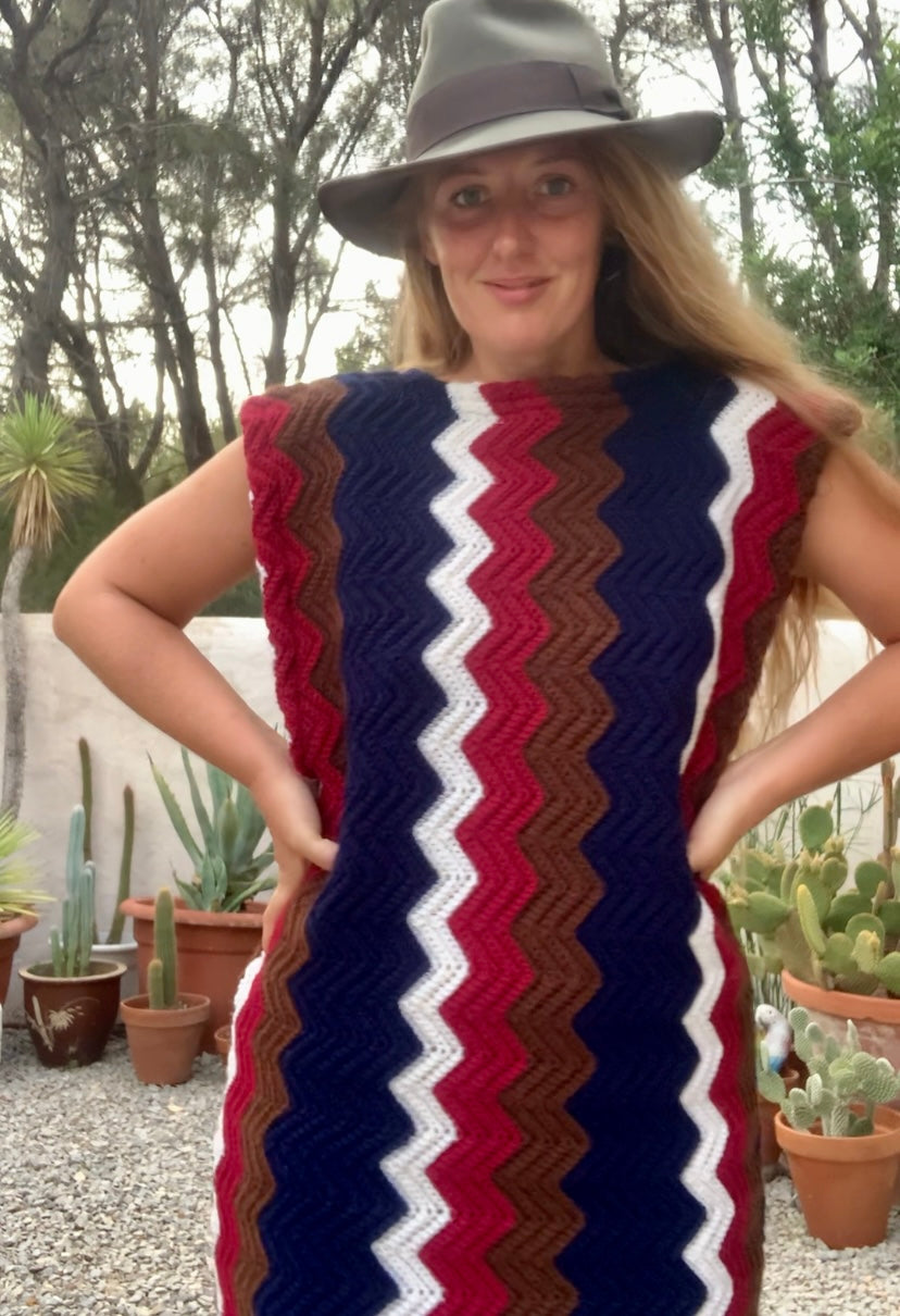 vintage wool and cotton hand made crochet jumper dress with short sleeves and zig zag design