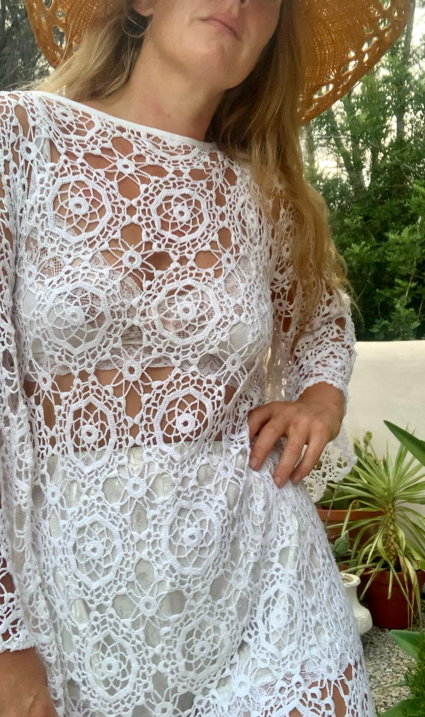 Very cool vintage white crochet oversized bell sleeve dress up-cycled by Vagabond Ibiza