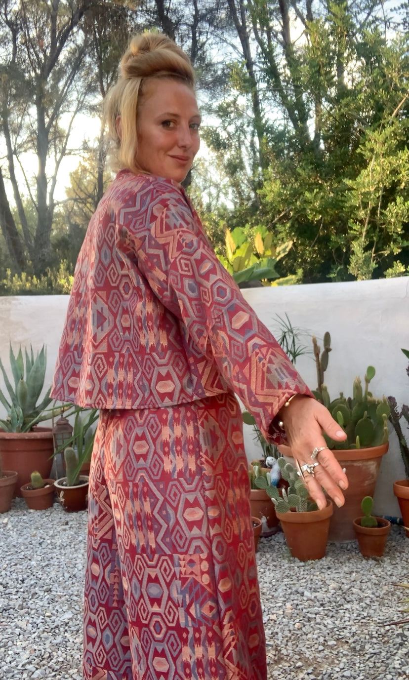 Very cool 1970’s upholstery fabrics in burgundy and blue tones wide leg pants by Vagabond Ibiza from recycled dead stock fabrics or