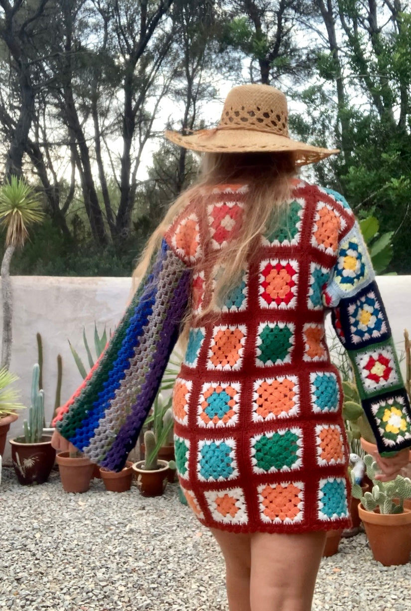 Vintage wool granny squared rainbow long sleeve shirt crochet jumper dress up-cycled by Vagabond Ibiza