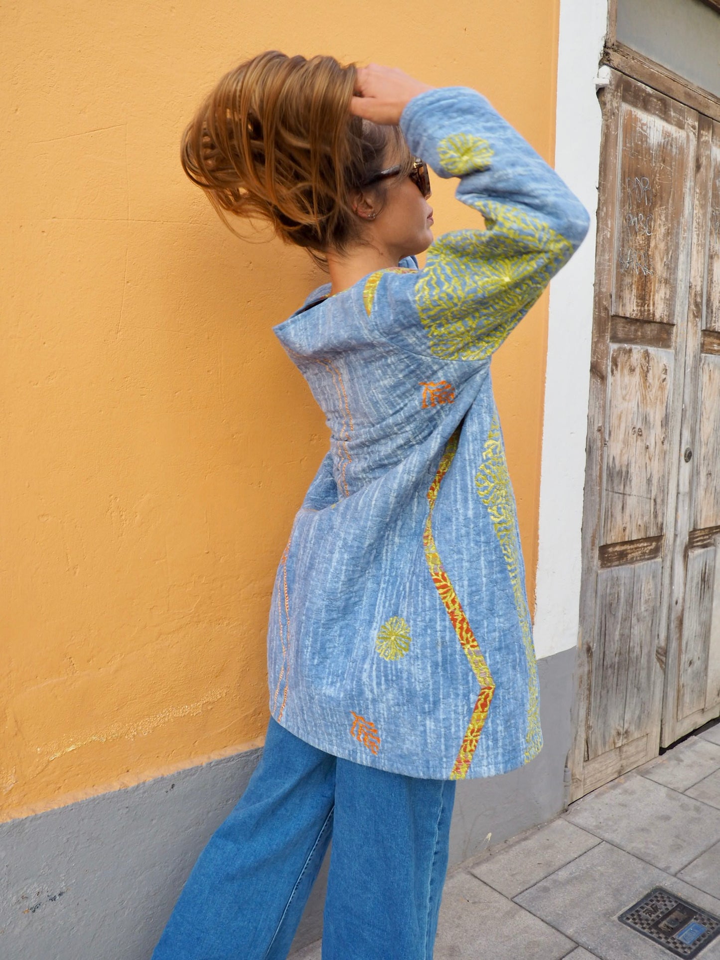Vintage quilted blue patterned blanket jacket up-cycled by Vagabond Ibiza
