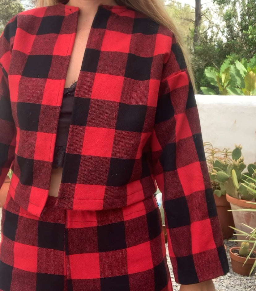 Red and black checked jacket made by Vagabond Ibiza from dead stock vintage textiles