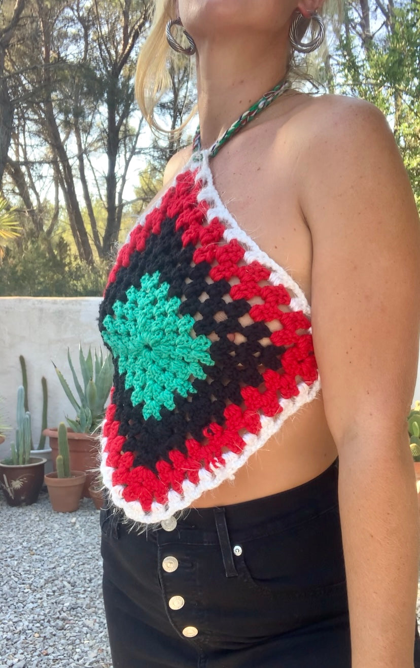 Vintage wool oversized granny square wool tie tops perfect for festivals party and summer time wear over a white shirt in winter