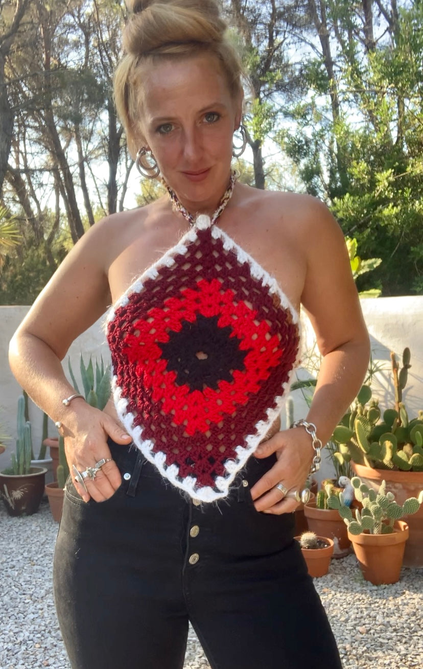 Vintage wool oversized granny square wool tie tops perfect for festivals party and summer time wear over a white shirt in winter