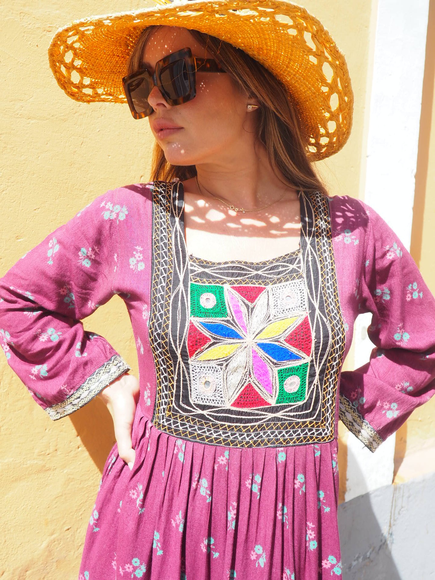 Vintage 1970’s hand embroidered Afghan dress in deep purple with floral print cotton with zip in side sun damage to shoulder