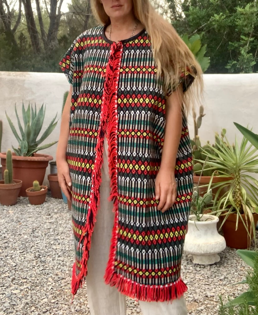 Up-cycled hand woven Morrocan textile waistcoat jacket by Vagabond Ibiza with red and black geometric design