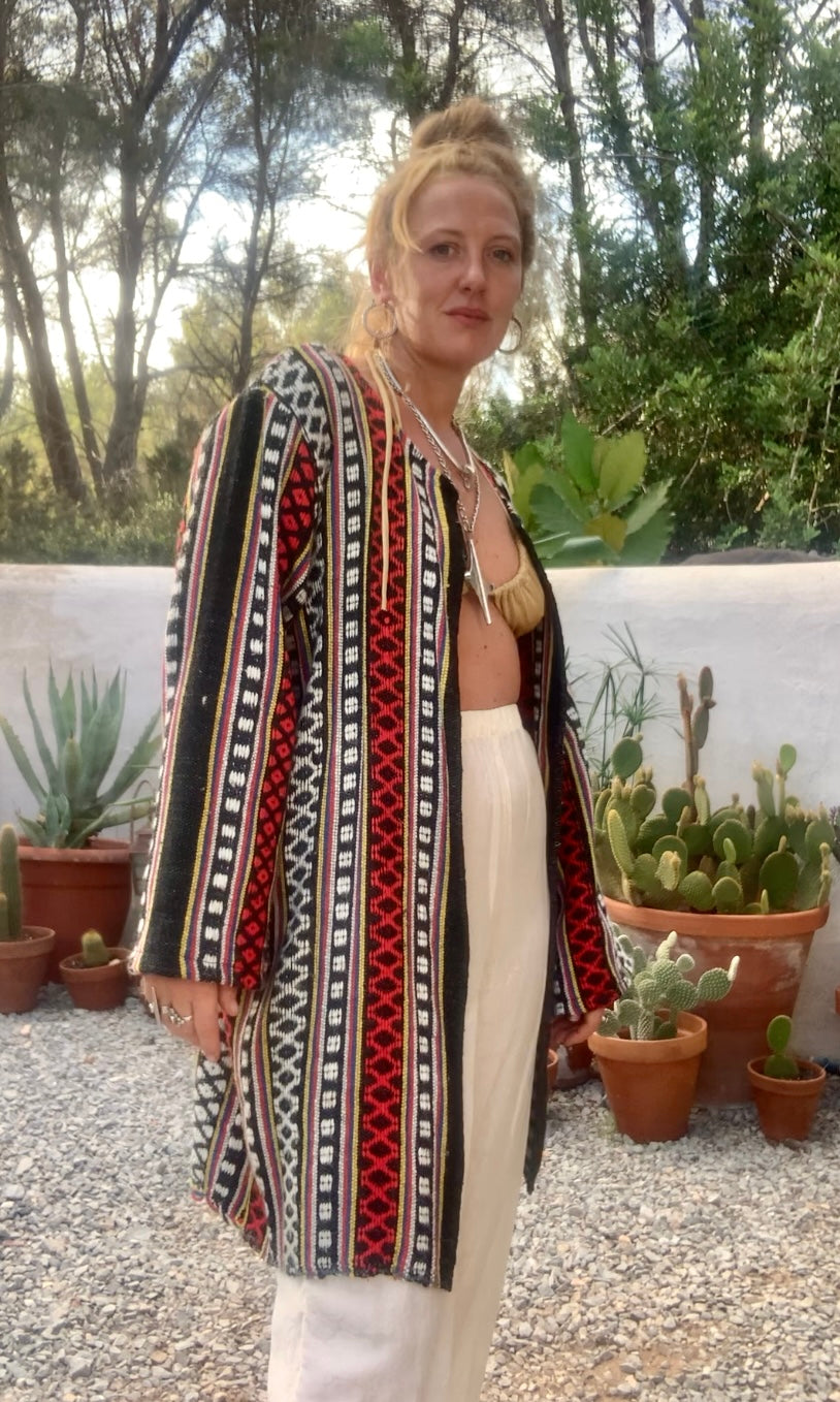 Hand woven Moroccan up-cycled blanket jacket made by Vagabond Ibiza with black white and red striped design