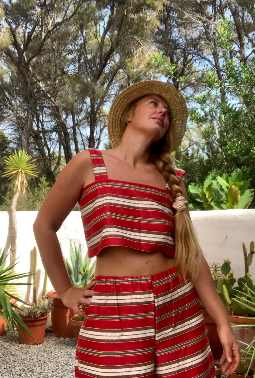 Vintage 1970’s curtain fabric with red and white striped design up-cycled 2 piece set crop top and wide leg trousers