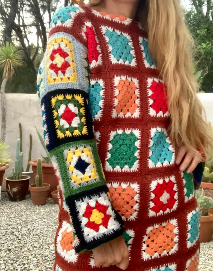 Vintage wool granny squared rainbow long sleeve shirt crochet jumper dress up-cycled by Vagabond Ibiza
