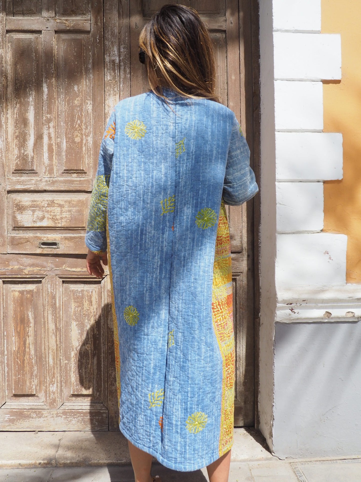 Vintage quilted blue and orange patterned long blanket jacket up-cycled by Vagabond Ibiza made in Ibiza one off a kind