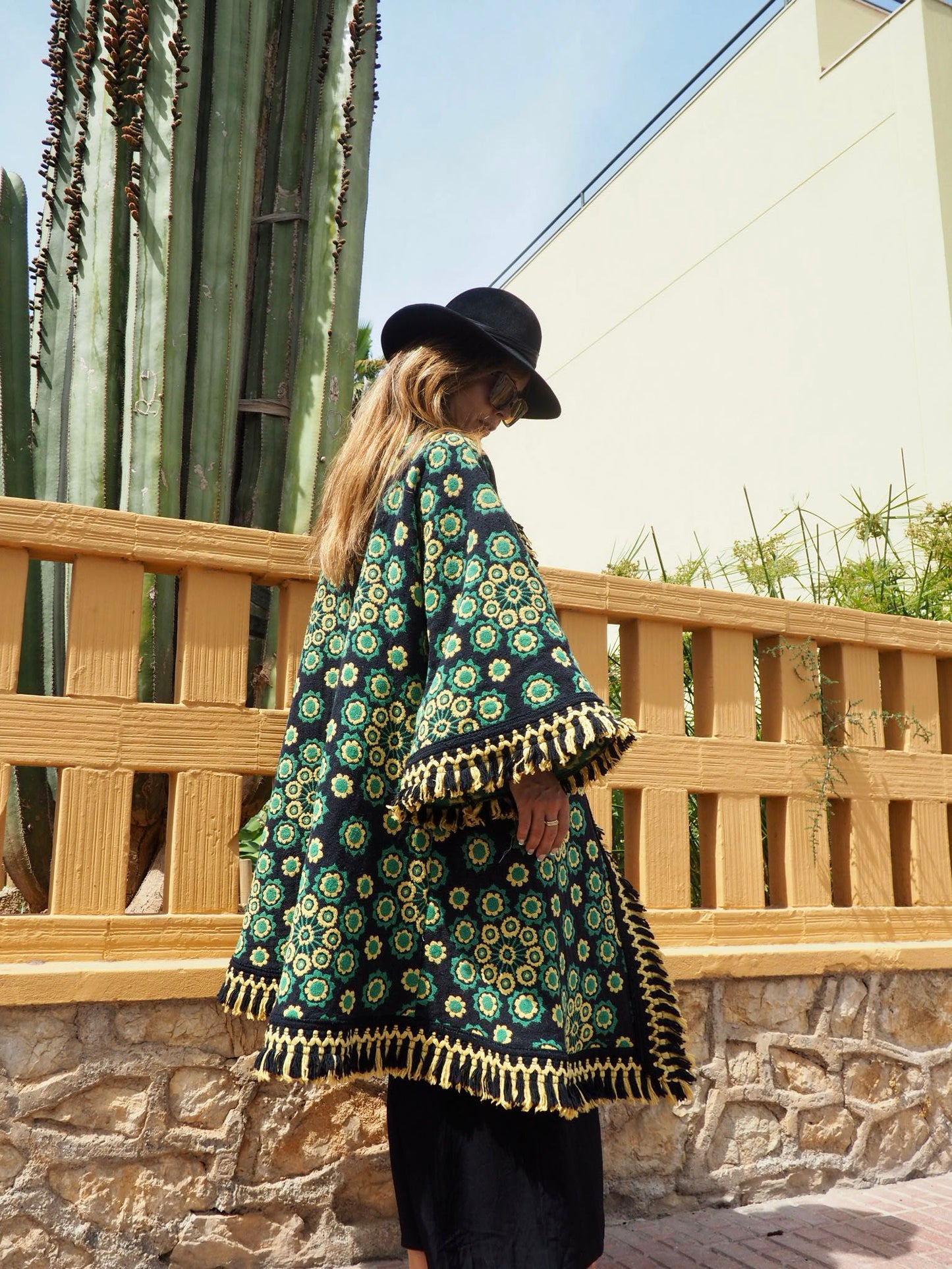 Stunning vintage 1970’s black and green tapestry jacket cut on the bias with bell sleeves made by Vagabond Ibiza