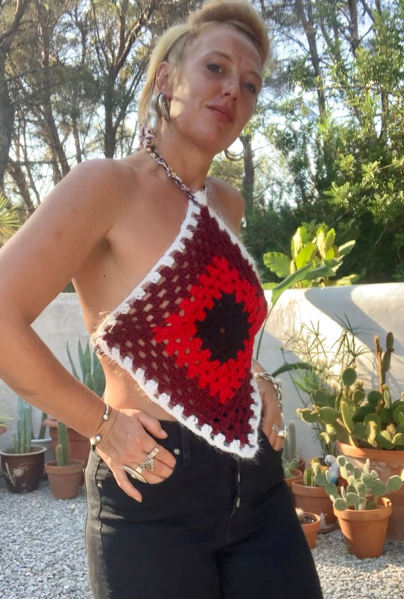 Vintage wool oversized granny square wool tie tops perfect for festivals party and summer time wear over a white shirt in winter