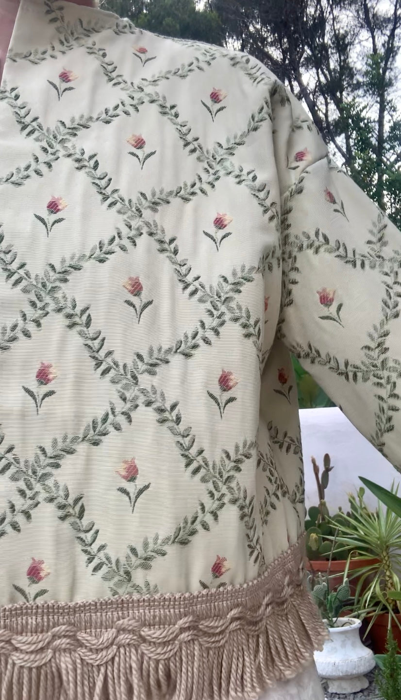 Vintage Up-cycled curtain jacket with floral detail on a woven cream fabric made by Vagabond Ibiza.