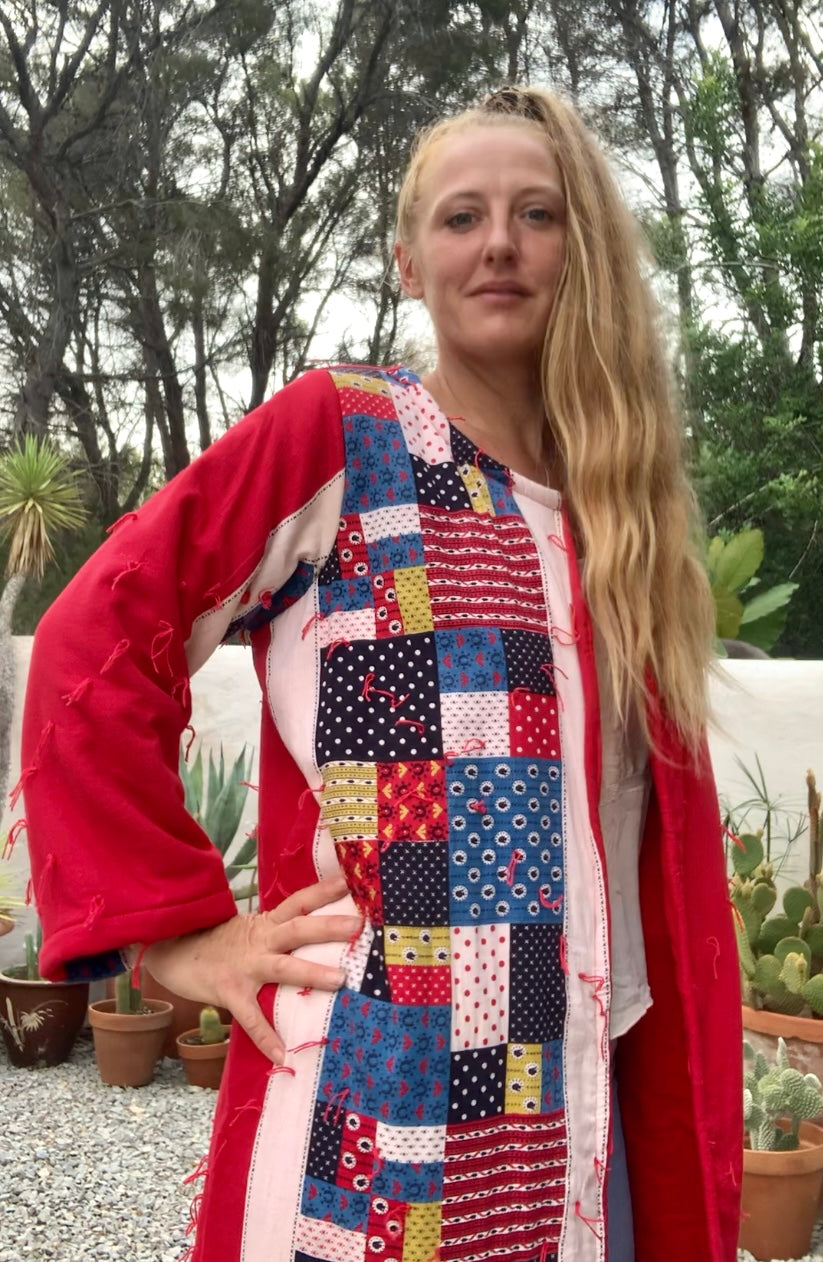 Patchwork cotton quilted blanket jacket up-cycled by Vagabond Ibiza with red and blue design.