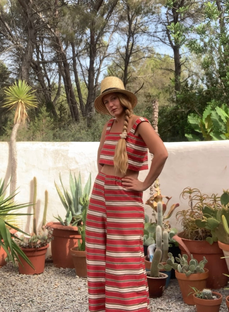Vintage 1970’s curtain fabric with red and white striped design up-cycled 2 piece set crop top and wide leg trousers