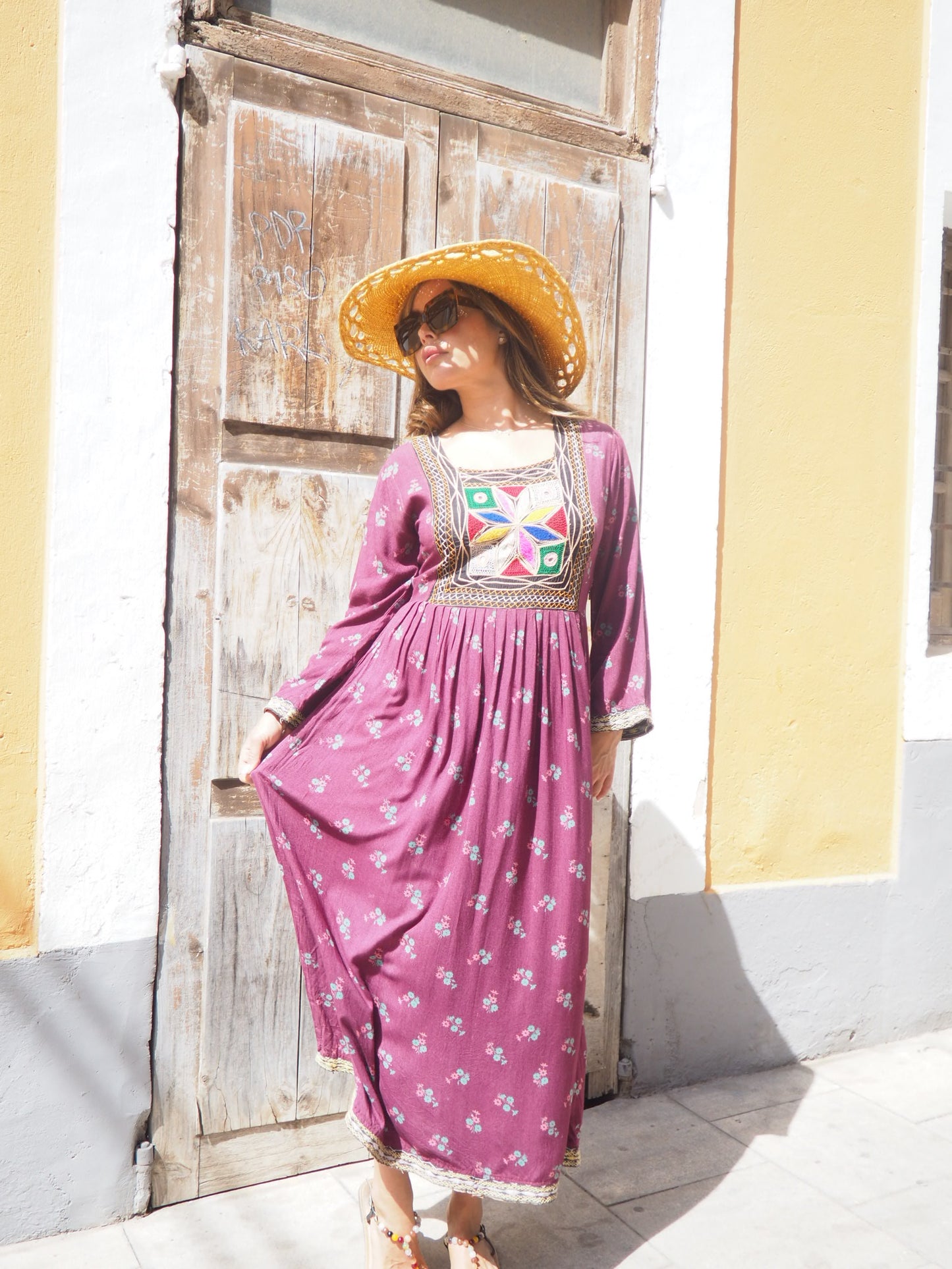 Vintage 1970’s hand embroidered Afghan dress in deep purple with floral print cotton with zip in side sun damage to shoulder