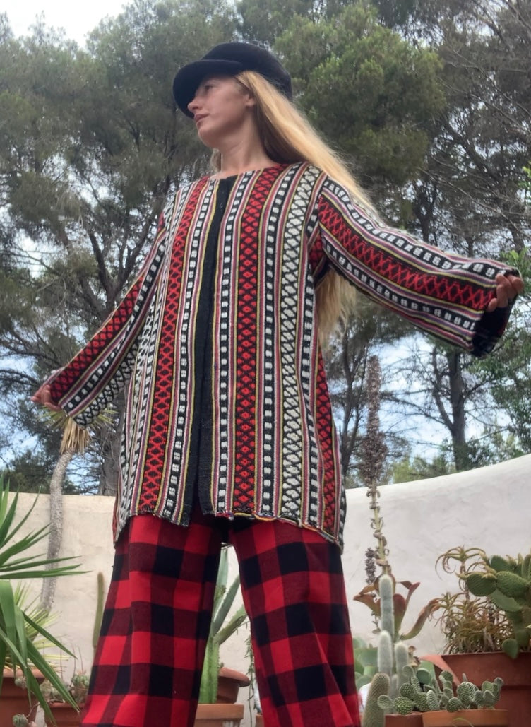 Hand woven Moroccan up-cycled blanket jacket made by Vagabond Ibiza with black white and red striped design