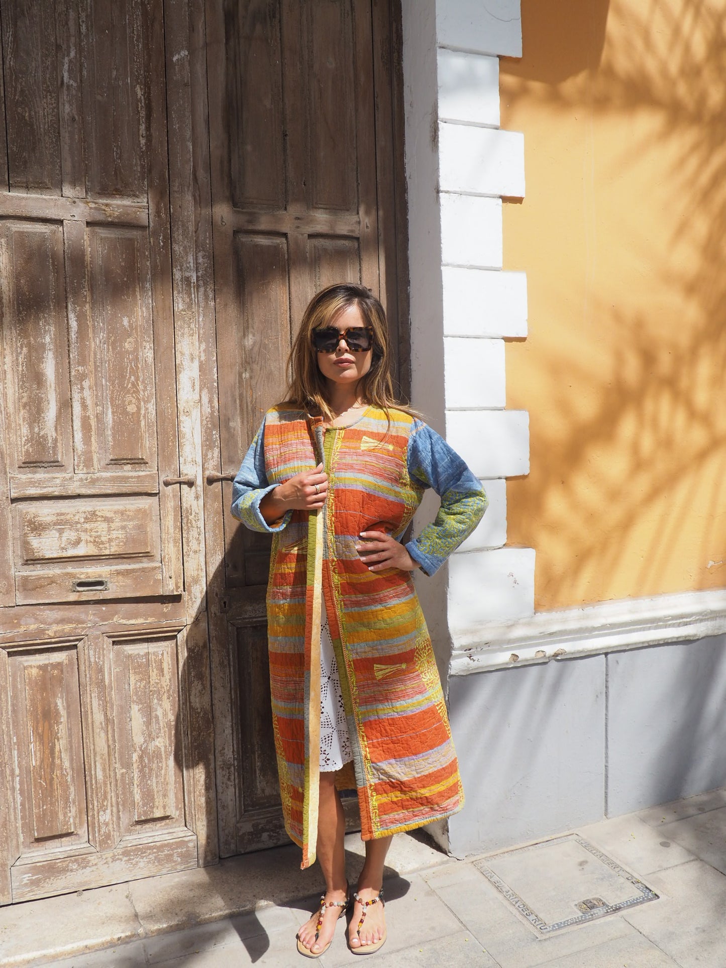 Vintage quilted blue and orange patterned long blanket jacket up-cycled by Vagabond Ibiza made in Ibiza one off a kind