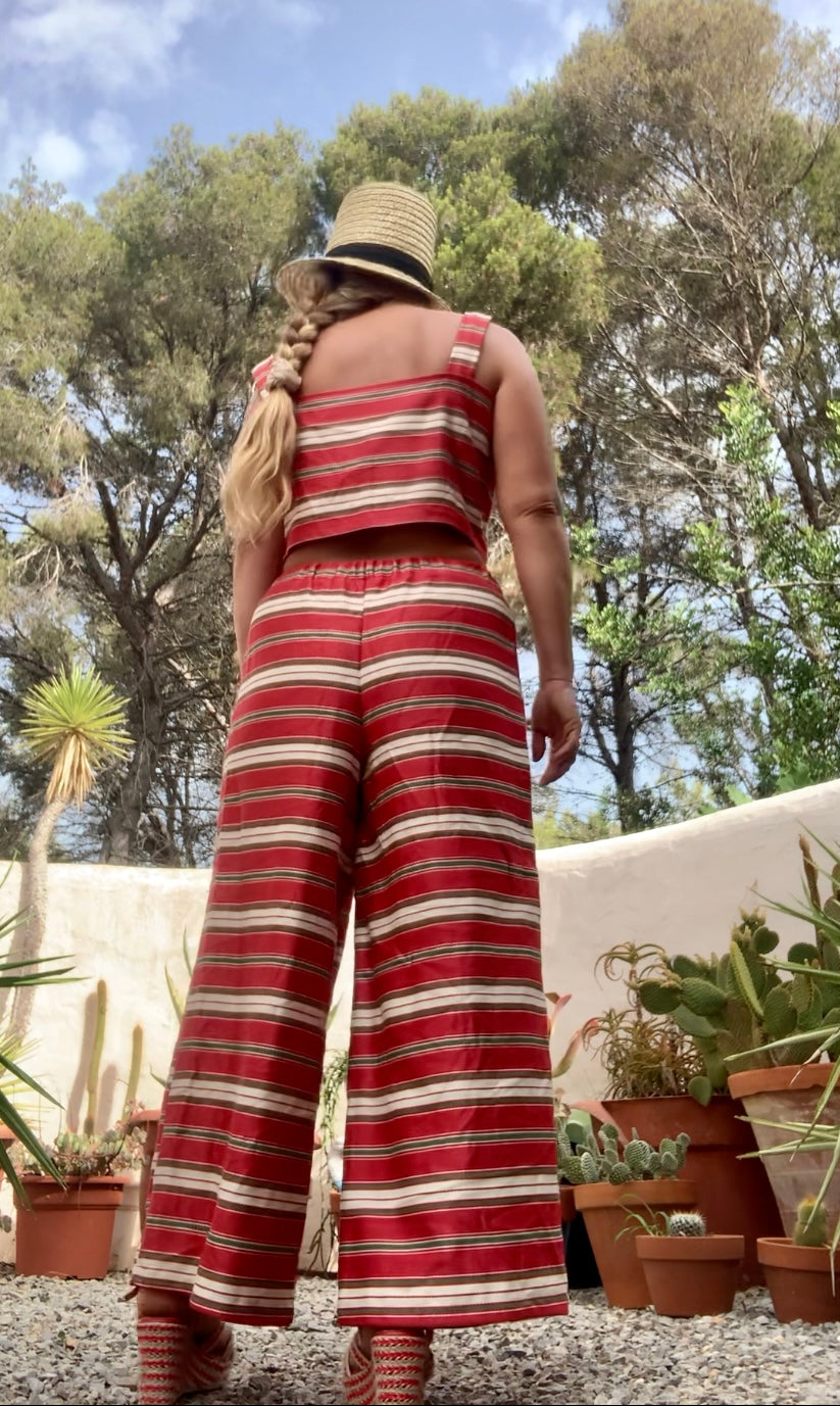 Vintage 1970’s curtain fabric with red and white striped design up-cycled 2 piece set crop top and wide leg trousers