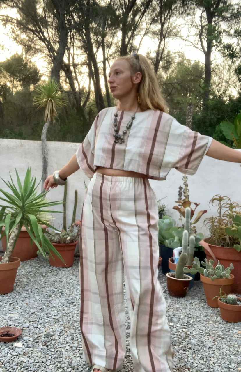 Vintage cotton pink and cream curtain fabric upcycled 2 piece set top and wide leg pants